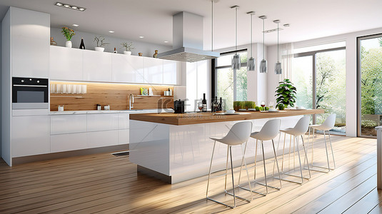 带早餐吧的白色厨房的现代 3D 渲染