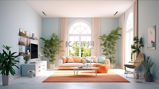 家居背景背景图片_数字生成的 3D 客厅模型，内部明亮