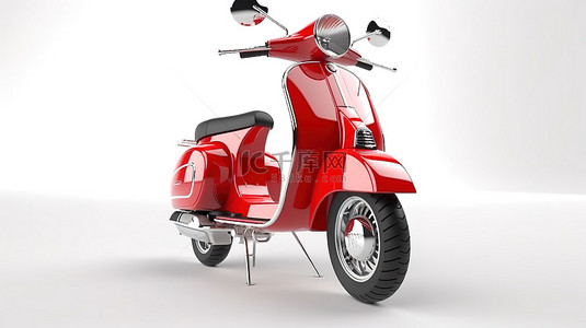 白色背景下城市环境中红色轻便摩托车的 3D 插图
