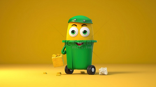 黄色背景上回收吉祥物和垃圾箱上方绿灯的 3D 插图