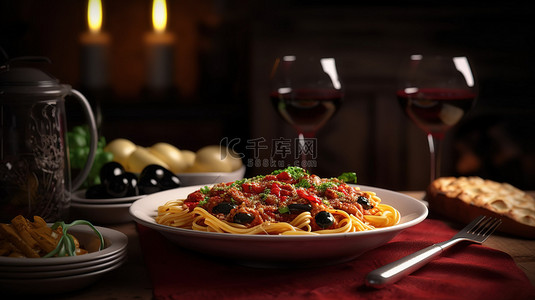 红酒背景图片_3D 渲染餐桌设置，配有红酒猪肉和意大利面