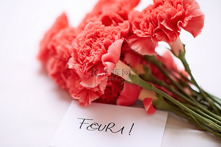 母亲节卡片背景图片_粉红色康乃馨，卡片上写着感谢之情