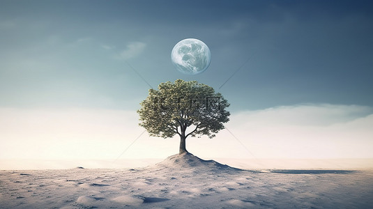 宇宙背景图片_月球景观 月球上一棵树的 3D 插图