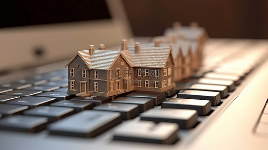 互联网背景图片_创新的在线商业理念，以键盘上房屋的 3D 渲染为特色