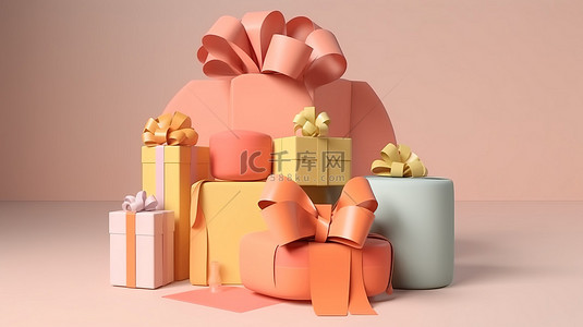带丝带和蝴蝶结的现代柔和橙色礼盒 3d 渲染卡通惊喜生日和假期