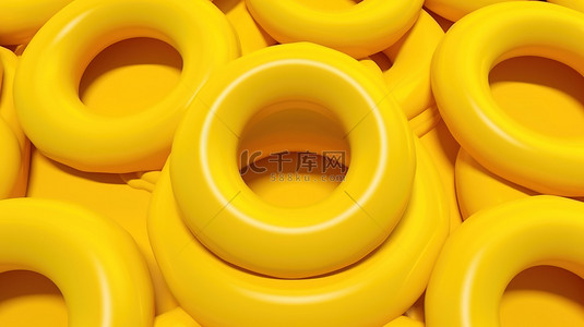 夏日黄色背景简约背景图片_3D 渲染的简约场景，带有时尚图案的黄色充气环