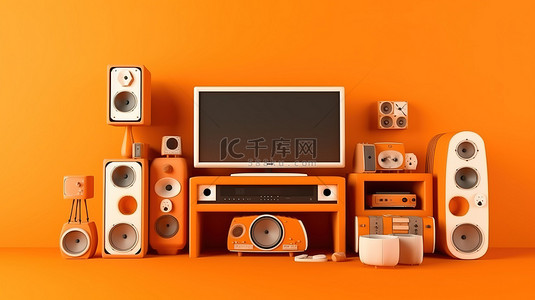 音乐背景背景图片_充满活力的橙色 3D 渲染的时尚单色家具系统