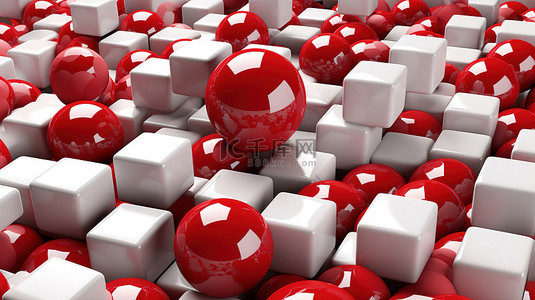 抽象背景，以红色和白色的闪亮立方体和球体为特色
