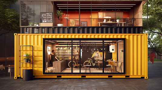 3D 插图将集装箱升级改造为时尚的咖啡馆
