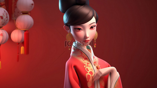 中国新年庆祝活动的 3D 插图以穿着中国传统服装的女性角色为特色