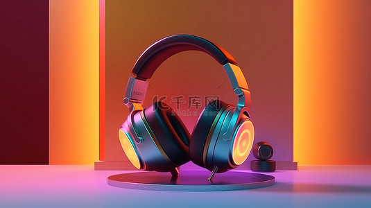 音乐背景背景图片_带有 3D 渲染支架的耳机和播放器模型屏幕