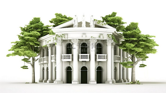 经典建筑白色背景 3D 渲染仿古建筑装饰着柱子和绿色观赏树木，为您的设计提供充足的空间