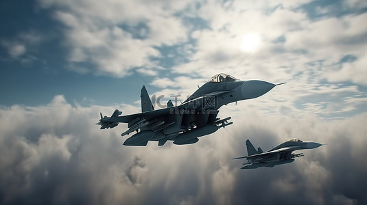 乌克兰俄罗斯战争期间，三架战斗机在多云的天空中执行战斗任务