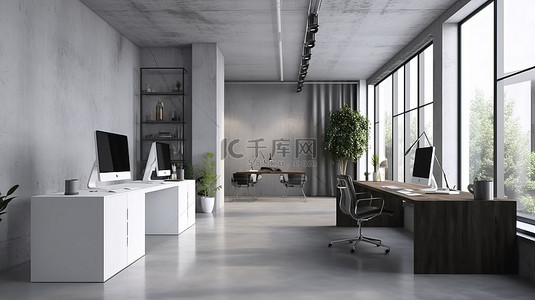 带有混凝土墙和地板的现代 3D 渲染工作区中的办公家具