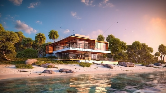 3D 渲染的豪华海滨住宅和度假村，迎合挑剔的海景追求者