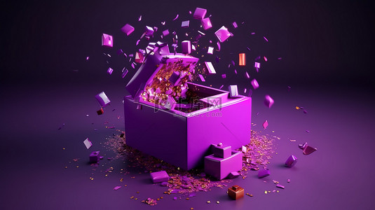 愿望背景背景图片_爆炸惊喜紫色礼品盒的 3D 渲染，里面装满了完美的问候好运愿望和特别优惠的物品