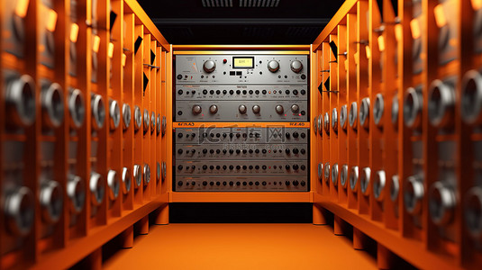 3D 渲染工作室中的橙色单色专业音频架