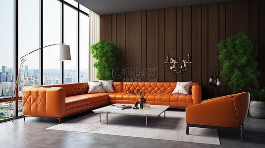 酒店背景背景图片_3D 渲染优雅的客厅，配有橙色皮革沙发和白色咖啡桌