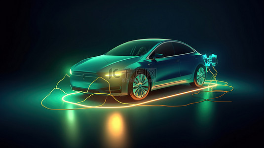 绿色插画背景图片_电动汽车通过 3D 渲染和插画中的灯从自然能源充电