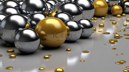 抽象灰色背景上的 3D 渲染金属和金色球