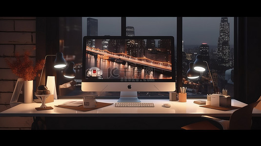 桌背景图片_黑暗工作室中现代工作空间的 3D 渲染白色桌面电脑屏幕照亮了夜晚
