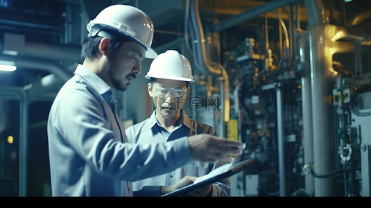 专业工业工程师在平板电脑上利用 3D 草图运动安全帽和正装向工人提供咨询