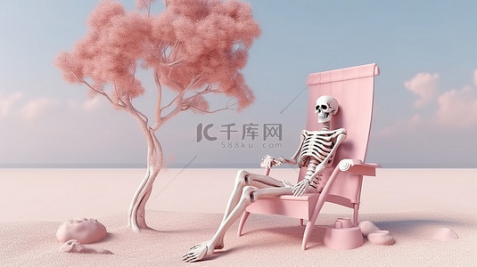 柔和的粉色和金色树 3D 渲染沙滩椅登陆页面模型上的放松骨架