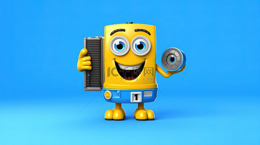 读书背景图片_黄色背景，带有手持数码相机和蓝书的吉祥物的 3D 渲染