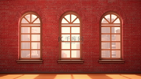 红砖墙，带有 3D 渲染的经典风格窗框