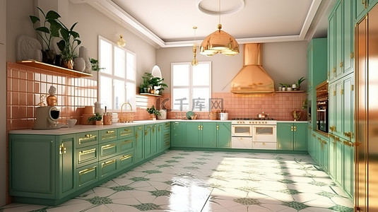 优雅的厨房设计，采用经典的绿色和褪色的珊瑚色调，辅以 3D 渲染的金色白色地砖