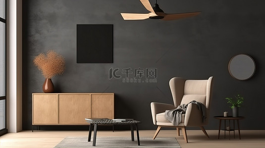 现代室内灰色墙壁背景的现代 3D 渲染，带有模拟海报框架木椅和风扇