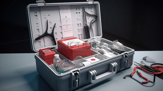 急救箱配有 3D 渲染的医疗器械
