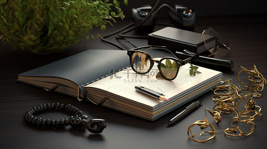 耳机眼镜和装饰品的 3D 渲染，以及黑桌上的打开空白笔记本