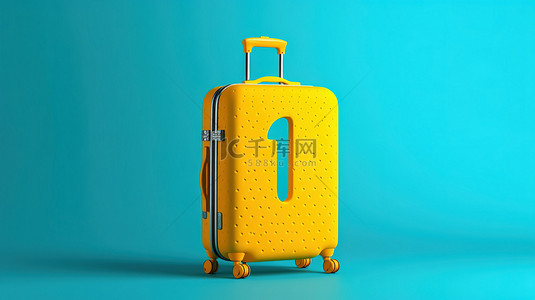在黄色背景 3d 上用点图案渲染的新正常蓝色问号手提箱中旅行