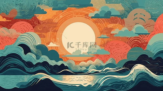 插画浪花背景图片_月亮大海浪花重复水彩黄色巨大1