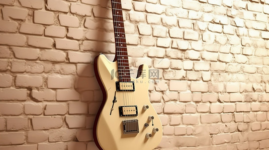 米色砖墙背景下电吉他的 3D 插图