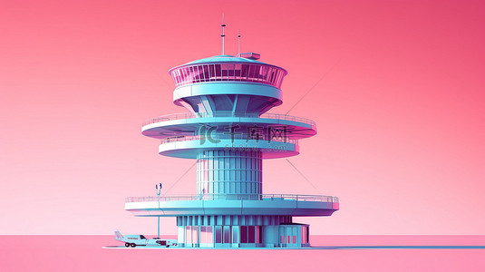 机场蓝天背景下粉色空中交通管制塔楼的双色调 3D 渲染