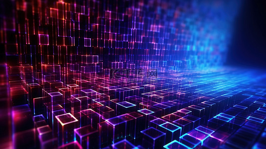 抽象数据概念 3D 渲染矩阵背景，具有蓝色和紫色色调，用于编码或黑客攻击