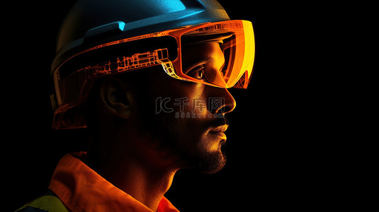 戴着橙色头盔和 3d 眼镜的土木工程师被光照亮