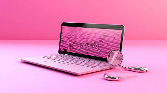 互联网研究粉红色背景与笔记本电脑和搜索栏 3D 插图