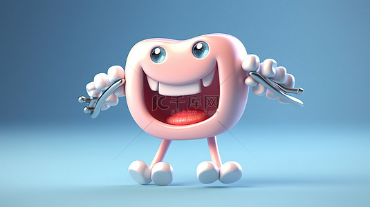 用 3D 艺术宣传牙齿检查健康卫生的牙套卡通