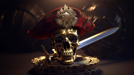剑背景图片_海盗帽剑头骨和加密货币的 3d 渲染