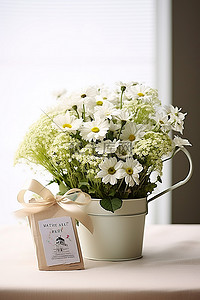 一个白色的婚礼篮，里面有鲜花和一张生日快乐卡
