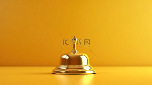 金色展台上的豪华酒店钟声与充满活力的黄色背景 3D 渲染