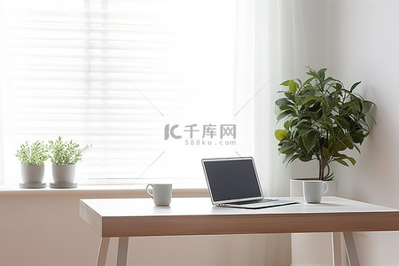 北欧植物背景图片_桌子上的一张照片，上面有笔记本电脑和植物