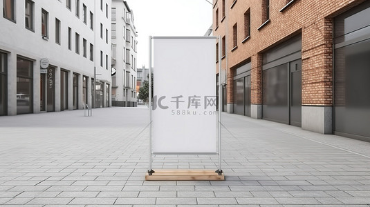 白色背景广告站的 3D 渲染，带有空白空间，供室外或室内使用