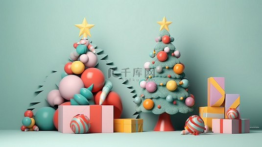 节日 3D 渲染的圣诞树装饰着彩色丝带，用于横幅和贺卡设计