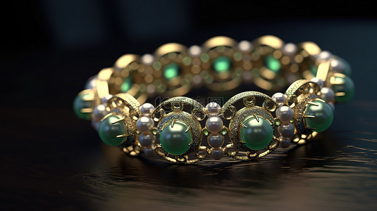 装饰着珍珠和绿色莱茵石的时尚手镯的 3D 插图渲染