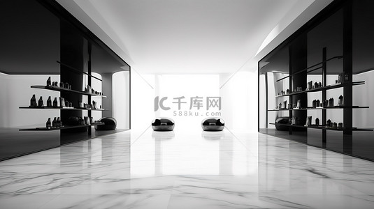 空置的商业空间，采用时尚的黑色铝制设计和抛光大理石地板 3D 渲染