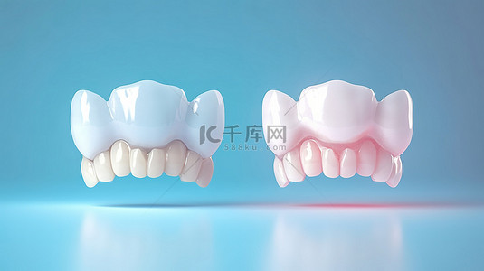 在蓝色背景下牙齿美白之前，用牙垢对牙齿进行 3D 渲染